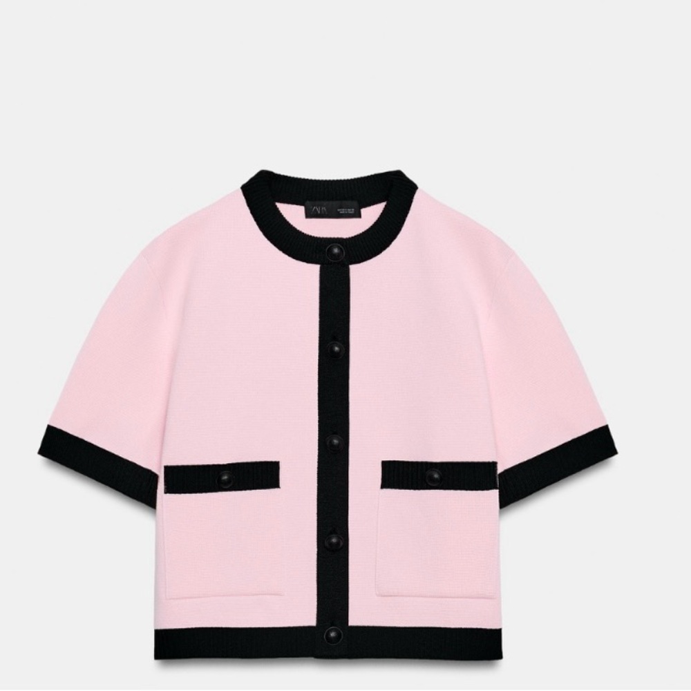 Zara Pink Short-Sleeve Cardigan with Black Trim